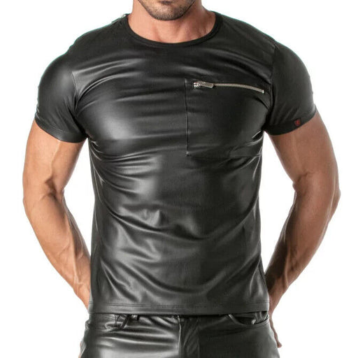 Men's Leather Black Sport Tank Top Shirt Sleeveless Fitted Fetish Shirt  Schwarz
