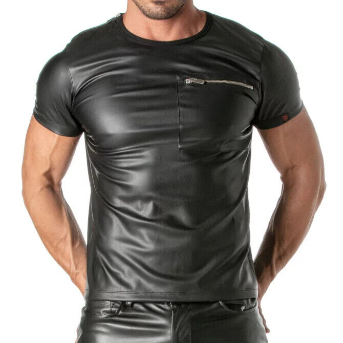 TOF PARIS Kinky Zippered Pockets T-Shirt High Quality Leather-Look Black Shirt
