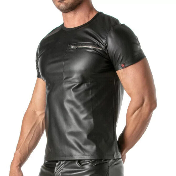TOF PARIS Kinky Zippered Pockets T-Shirt High Quality Leather-Look Black Shirt