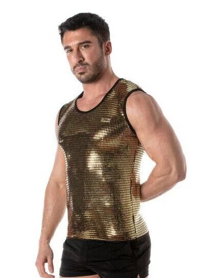 TOF PARIS Glitter Form-Fitting Tank Top Fashion Sequin Gold 15