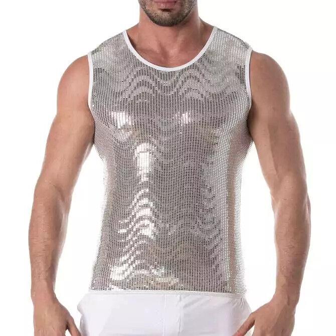 TOF PARIS Glitter Form-Fitting Tank Top Fashion Sequin Silver 49