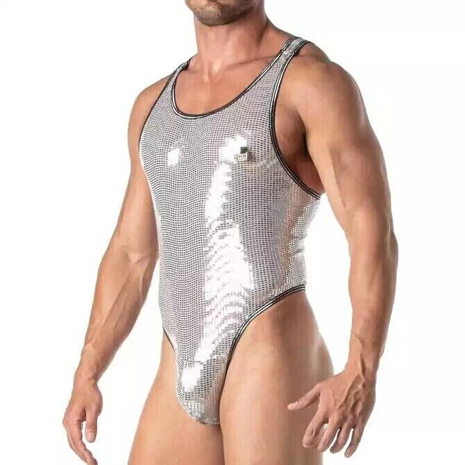 TOF PARIS Glitter Thong Bodysuit With Lurex Edges Singlet Shiny Silver 20