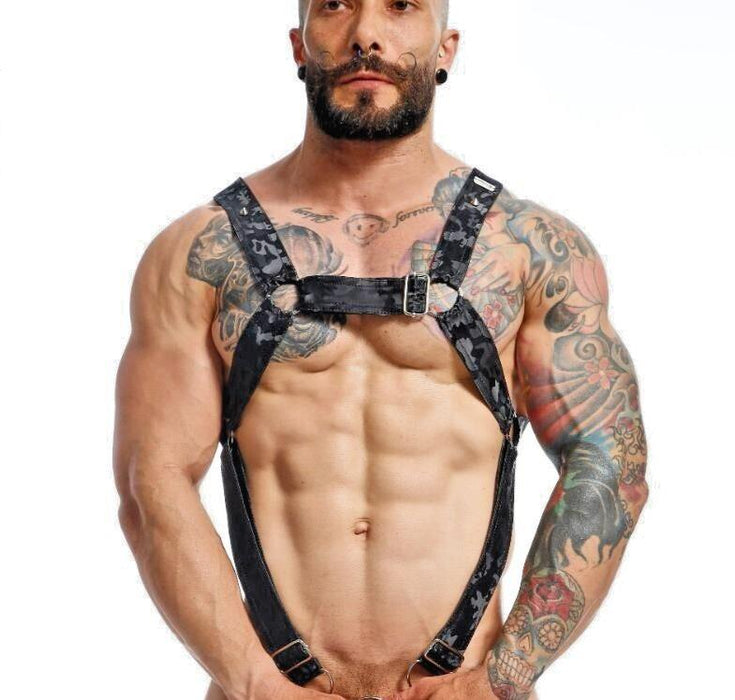 MOB DNGEON Cross C-Ring Harness One Size Adjustable Straps Black-Camo DMBL07