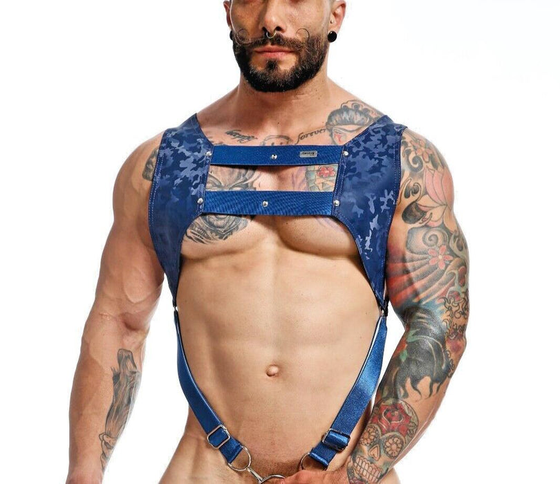 MOB DNGEON Crop Top Harness With C-Ring Faux Leather Navy-Camo DMBL08