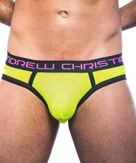 Andrew Christian Briefs California Palms Mesh Slips Brief Neon Yellow 90927 9 - SexyMenUnderwear.com