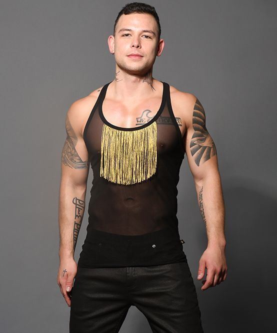 ANDREW CHRISTIAN Tank UNLEASHED Gold Fringe Sheer Stretch Tank Top 2883 80 - SexyMenUnderwear.com