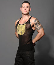 ANDREW CHRISTIAN Tank UNLEASHED Gold Fringe Sheer Stretch Tank Top 2883 80 - SexyMenUnderwear.com