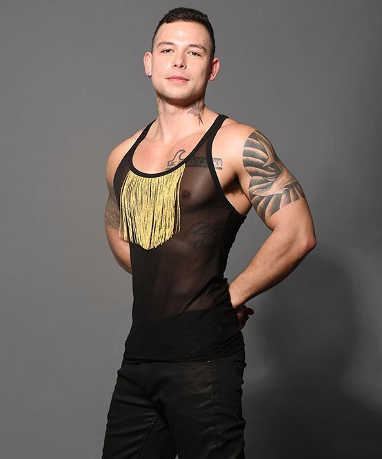 ANDREW CHRISTIAN Tank UNLEASHED Gold Fringe Sheer Stretch Tank Top 2883 80 - SexyMenUnderwear.com
