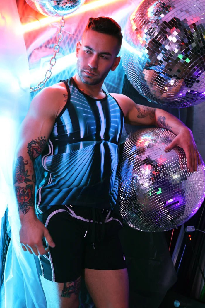 BREEDWELL AKIRA Tank Top Athletic Stretch PVC Patch 3M Reflective Aqua Blue - SexyMenUnderwear.com