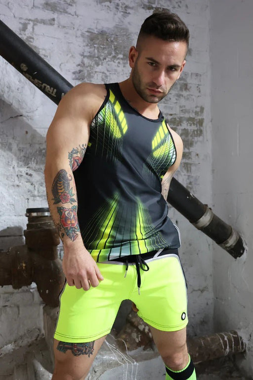 BREEDWELL AKIRA Tank Top Athletic Stretch PVC Patch 3M Reflective Neon Yellow - SexyMenUnderwear.com