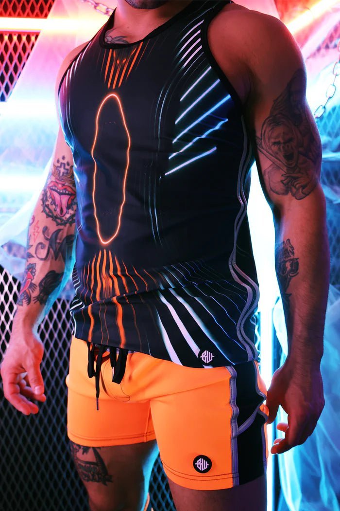 BREEDWELL AKIRA Tank Top Athletic Stretch PVC Patch 3M Reflective Orange Neon - SexyMenUnderwear.com