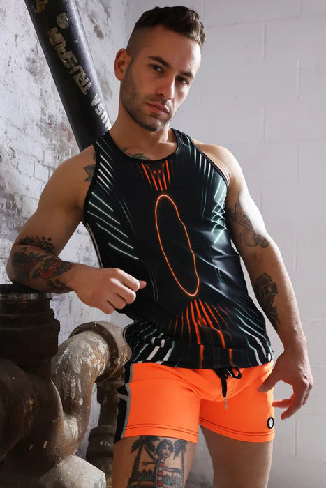 BREEDWELL AKIRA Tank Top Athletic Stretch PVC Patch 3M Reflective Orange Neon - SexyMenUnderwear.com
