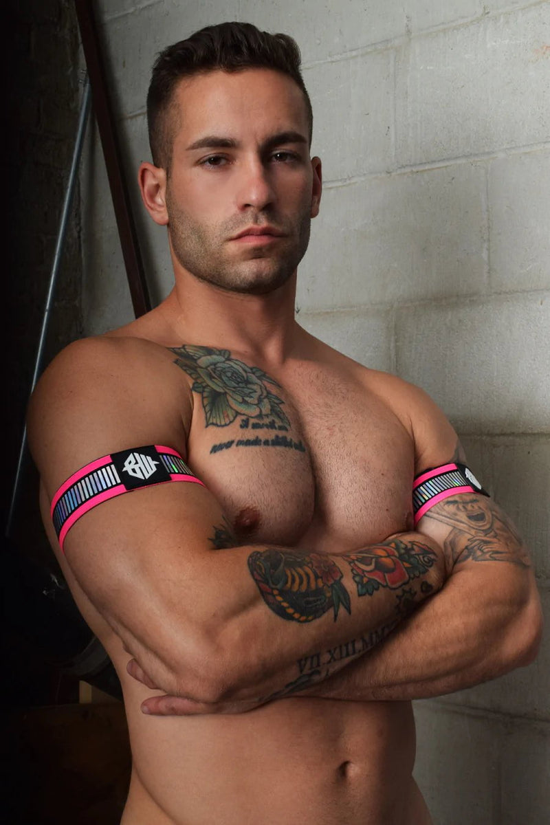 BREEDWELL Armbands Reflector Iridescent Foil Stripe Knit Neon Pink 35 - SexyMenUnderwear.com