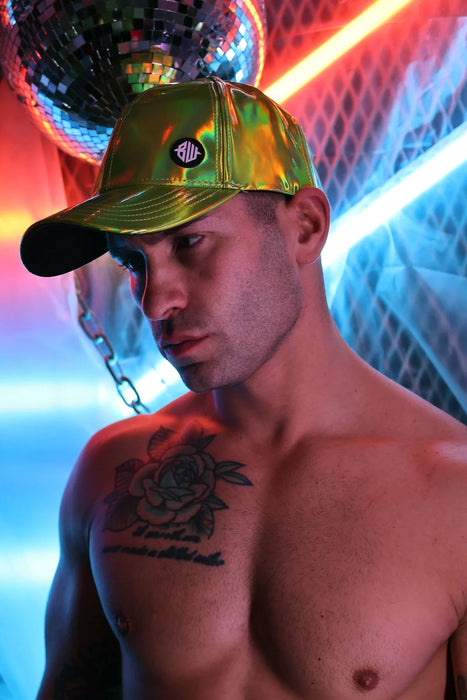 BREEDWELL Cyber Holo Hat Light-Reflecting Vinyl Adjustable Snap Green - SexyMenUnderwear.com