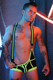 BREEDWELL Daycrawler Singlet 3D Rubberized Chevron Bodysuit in Yellow Neon - SexyMenUnderwear.com