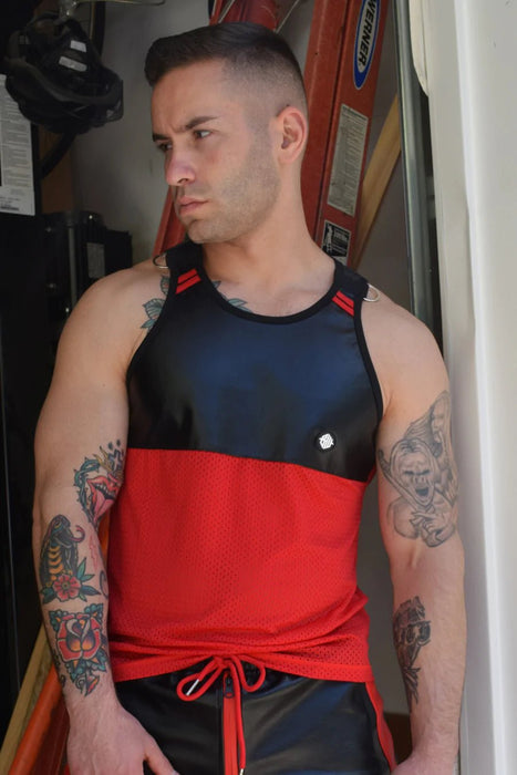 BREEDWELL DOMINATOR Tank Top Soft Athletic Mesh Leather-Look Fetish Tanktop Red 17 - SexyMenUnderwear.com