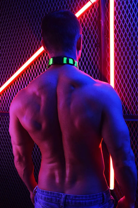 BREEDWELL Green Neon Collar POUNDTOWN LED-9 Colors Soft Knit Laser-Cut Leather - SexyMenUnderwear.com
