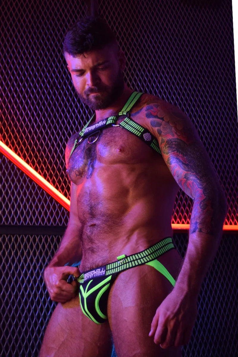 BREEDWELL Hybred Body Harness Adjustable Front Straps Double O-Rings Neon Green - SexyMenUnderwear.com