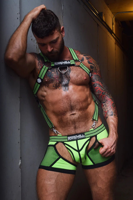 BREEDWELL Hybred Body Harness Adjustable Front Straps Double O-Rings Neon Green - SexyMenUnderwear.com