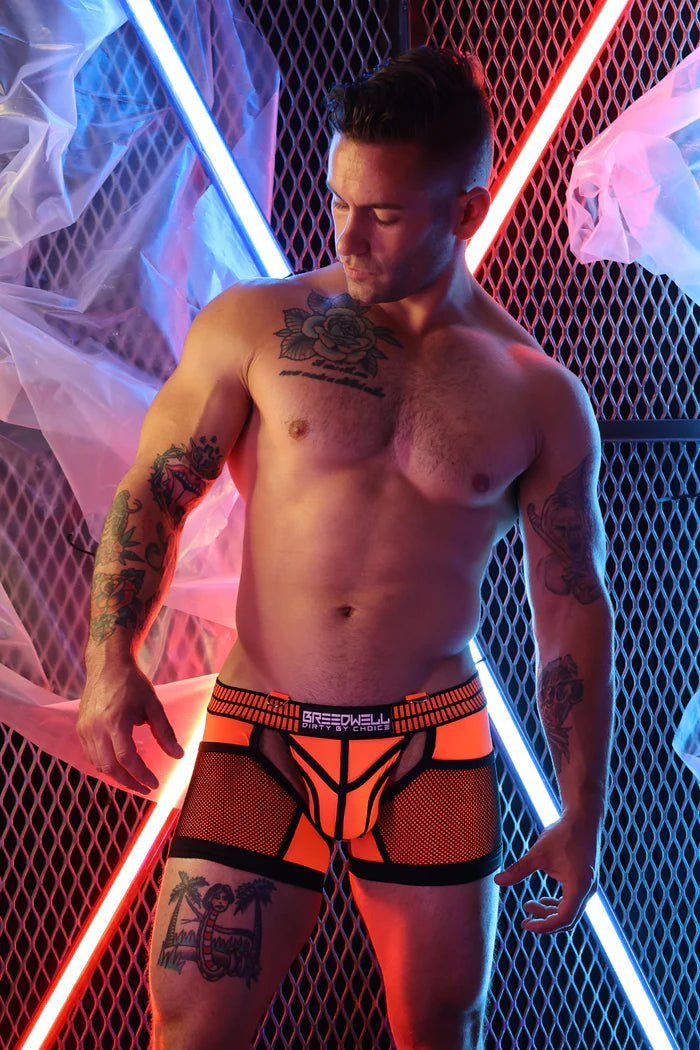 BREEDWELL Hybred Chock Jock Chaps Lightweight Neoprene Two Pockets Neon Orange - SexyMenUnderwear.com