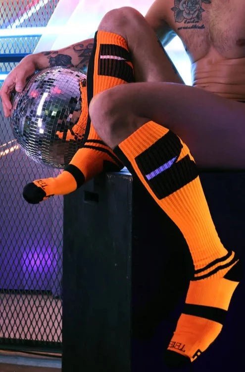 BREEDWELL Infinity Socks Ultra Luxurious Knee-High Sock Logo Stripes Orange Neon - SexyMenUnderwear.com