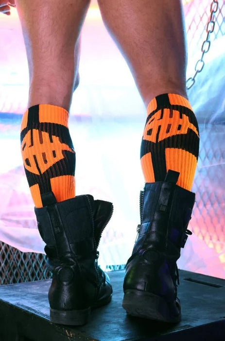 BREEDWELL Infinity Socks Ultra Luxurious Knee-High Sock Logo Stripes Orange Neon - SexyMenUnderwear.com