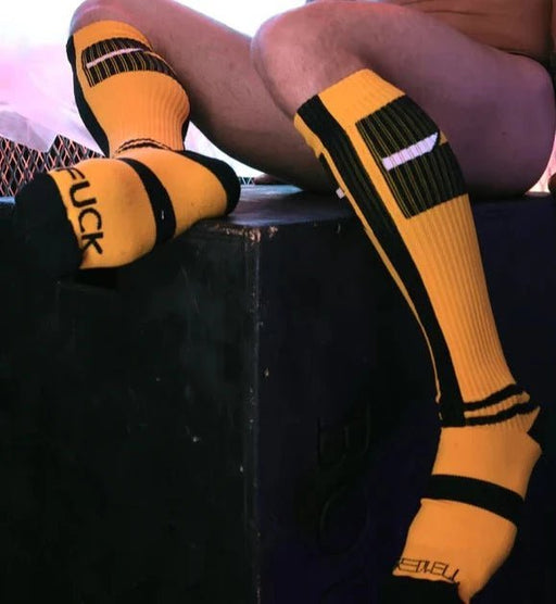 BREEDWELL Infinity Socks Ultra Luxurious Knee-High Sock Logo Stripes Yellow - SexyMenUnderwear.com