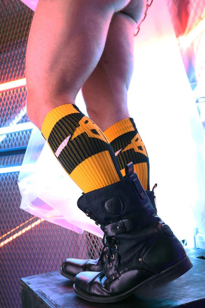 BREEDWELL Infinity Socks Ultra Luxurious Knee-High Sock Logo Stripes Yellow - SexyMenUnderwear.com