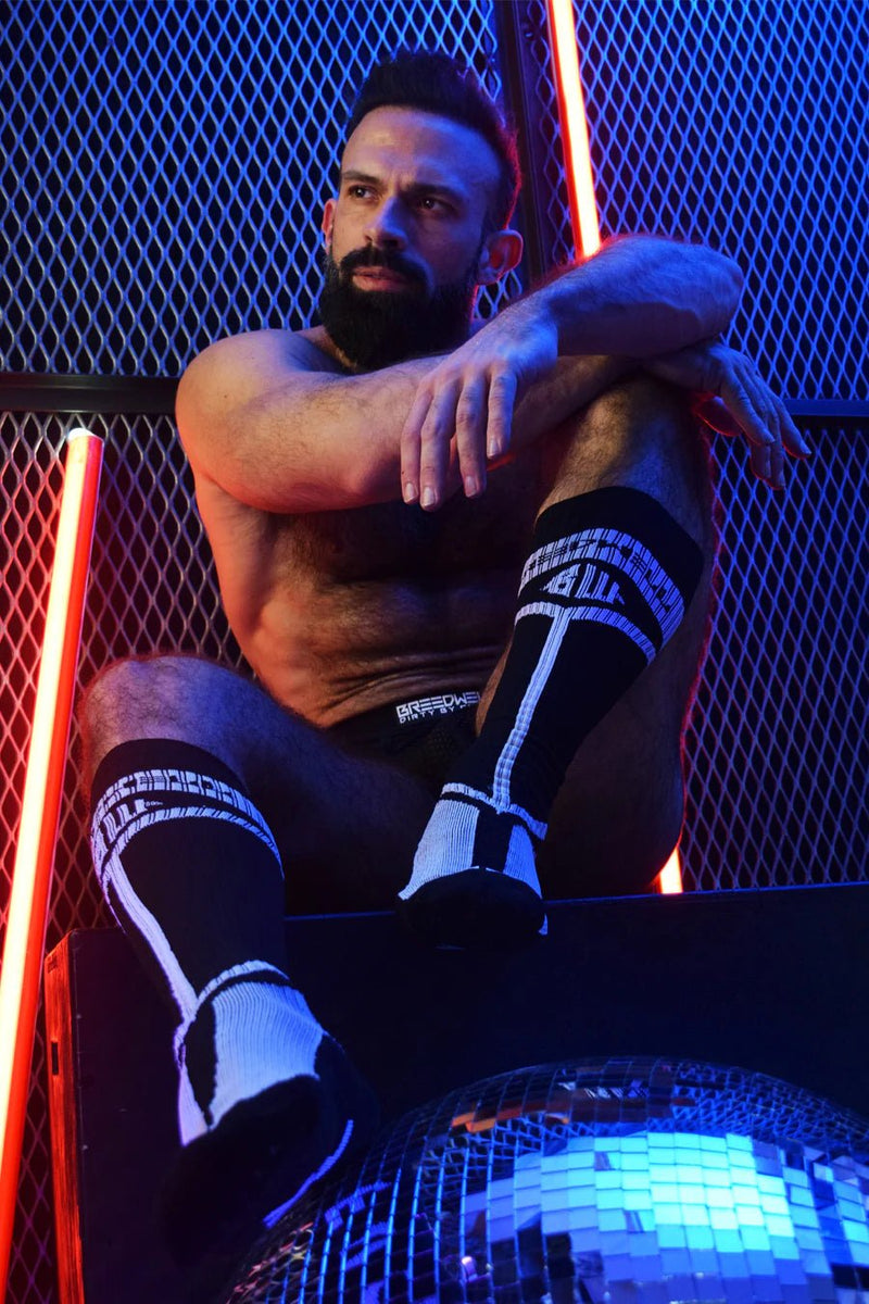 BREEDWELL Knee Socks HYBRED Bold Logo Lined Angled Black Sock - SexyMenUnderwear.com