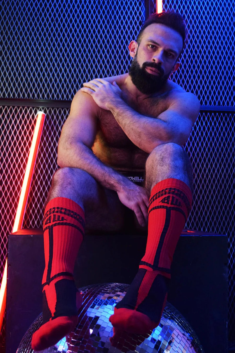BREEDWELL Knee Socks Hybred Bold Logo Lined Angled Red Sock 14 - SexyMenUnderwear.com