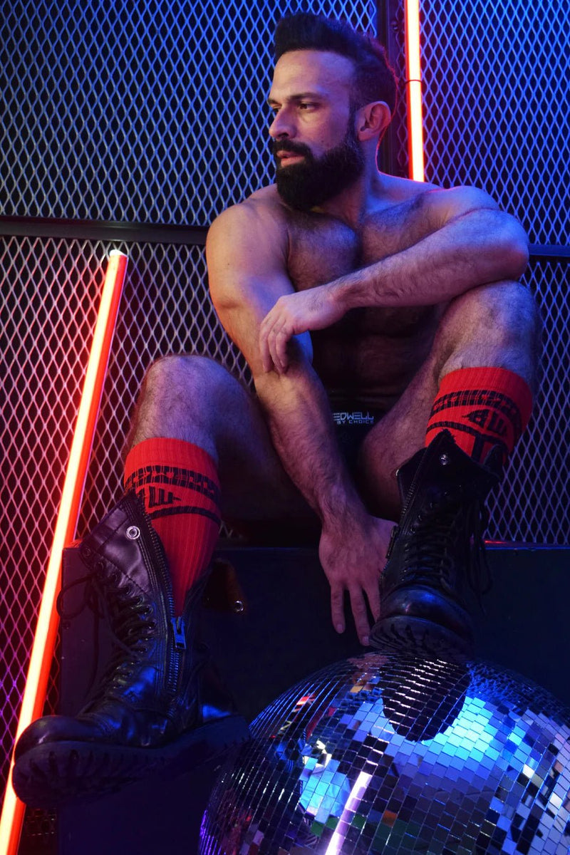BREEDWELL Knee Socks Hybred Bold Logo Lined Angled Red Sock 14 - SexyMenUnderwear.com
