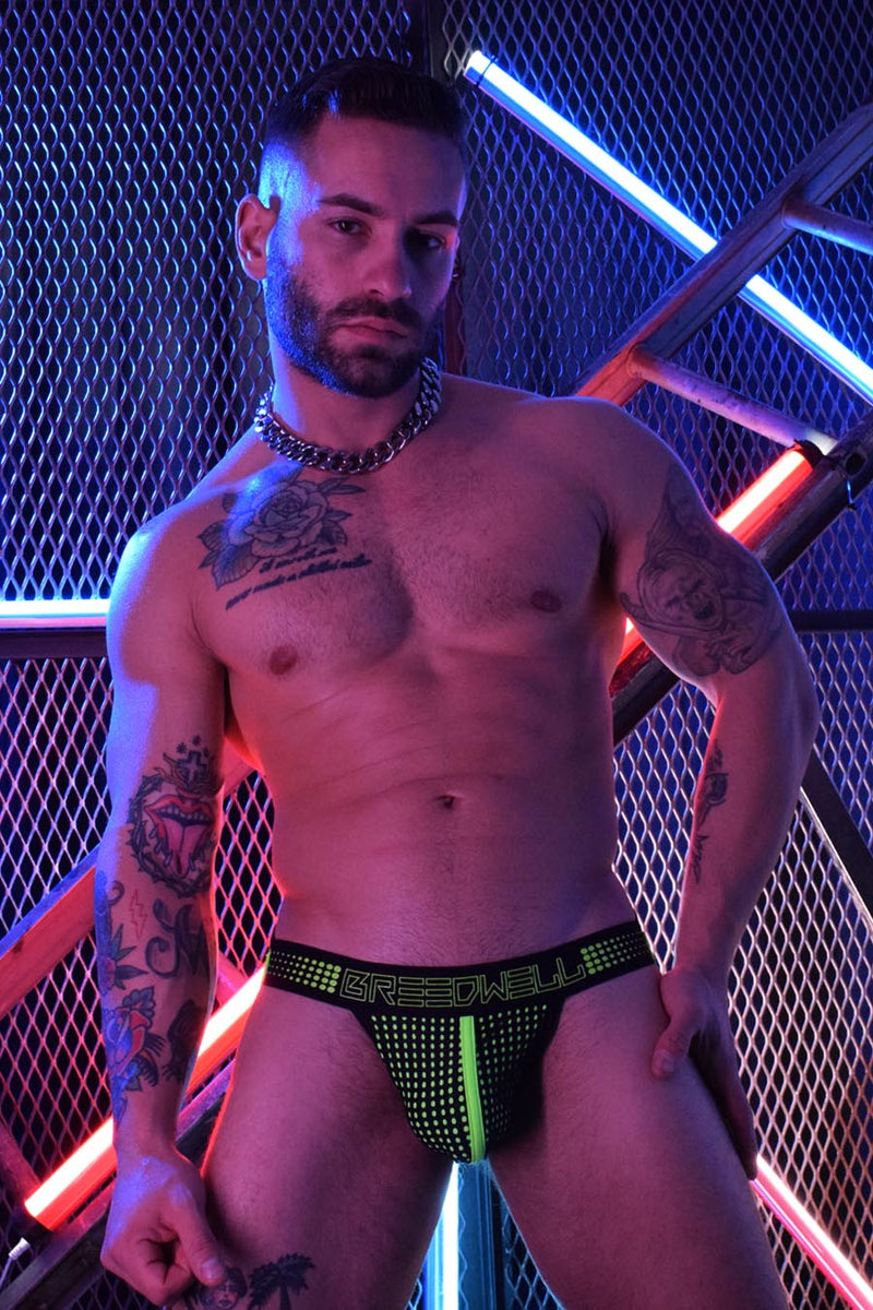BREEDWELL "MANHOLE" Jockstrap Skinny Waistband Laser Cut Pouch Neon Green 18 - SexyMenUnderwear.com