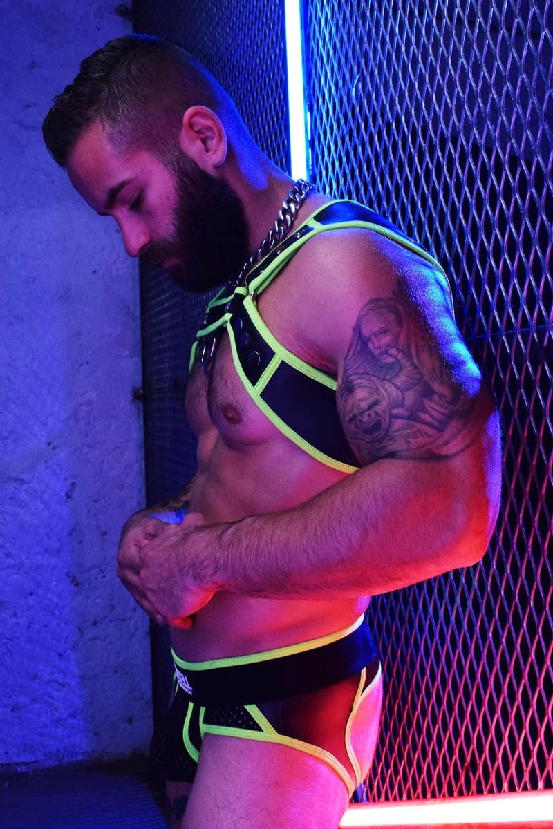 BREEDWELL NEOGEAR SNAPS HARNESS FORM FITTING NEOPRENE NEON GREEN - SexyMenUnderwear.com