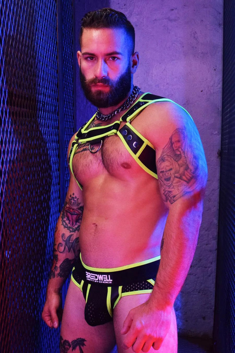 BREEDWELL NEOGEAR SNAPS HARNESS FORM FITTING NEOPRENE NEON GREEN - SexyMenUnderwear.com
