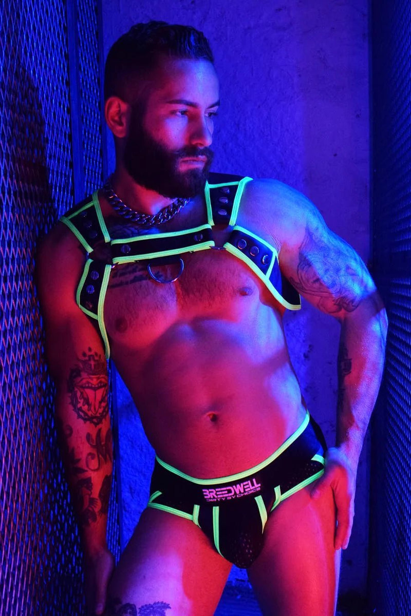 BREEDWELL NEOGEAR SNAPS HARNESS FORM FITTING NEOPRENE NEON GREEN - SexyMenUnderwear.com