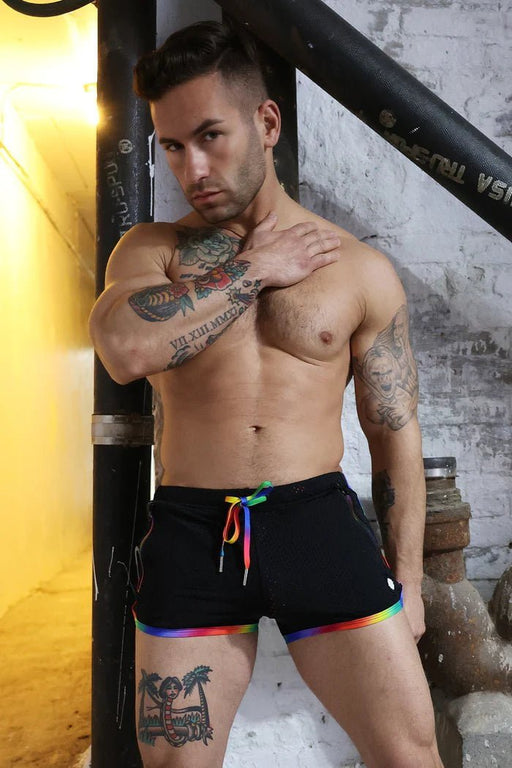 BREEDWELL Pride Shorts Circuit 2-Zip Pocket Gay Rainbow Swim-Shorts - SexyMenUnderwear.com