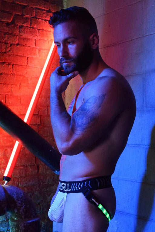 BREEDWELL RAVE LEGSTRAP JOCK SYSTEM 9 LED COLORS WHITE POUCH 11 - SexyMenUnderwear.com