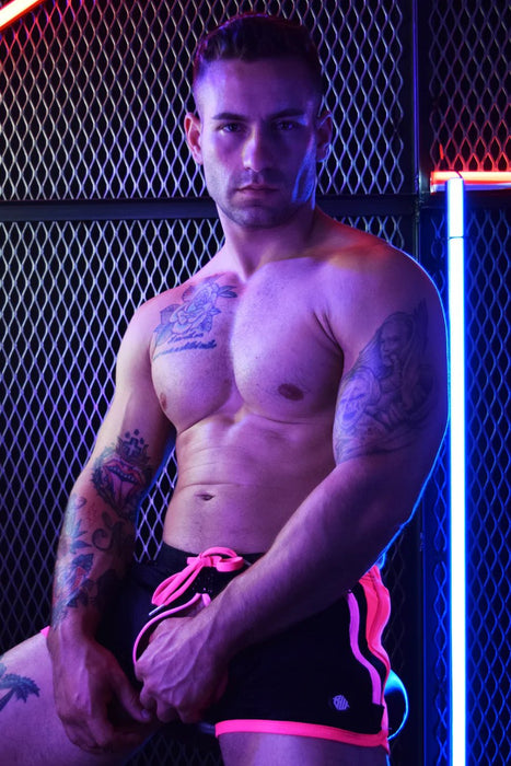 BREEDWELL Rear Ender Circuit Shorts With Full Zippered Front Pockets Neon Pink 17 - SexyMenUnderwear.com
