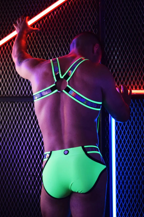 BREEDWELL Reflector Bulldog Body Harness Iridescent FOIL Stripe Neon Green - SexyMenUnderwear.com
