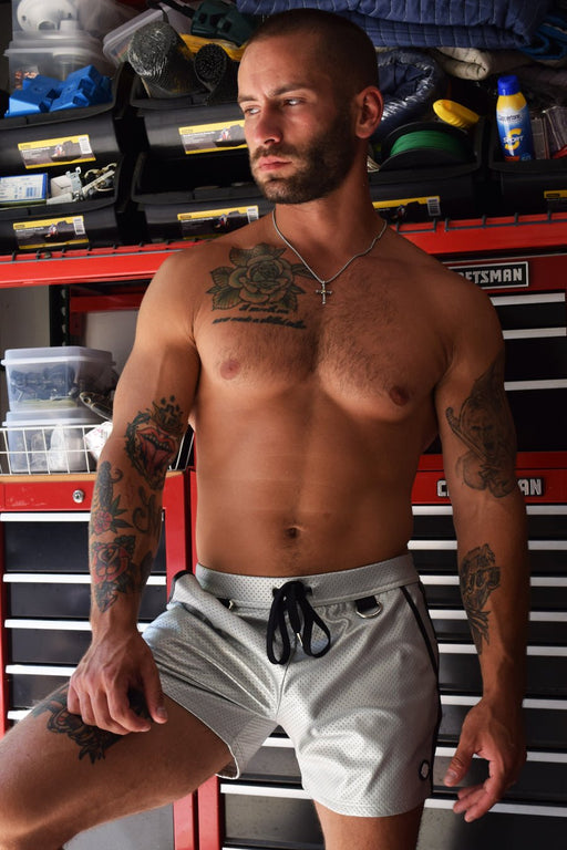 BREEDWELL Short PROWLER Perforated Faux Leather Sporty Look Silver Shorts 22 - SexyMenUnderwear.com