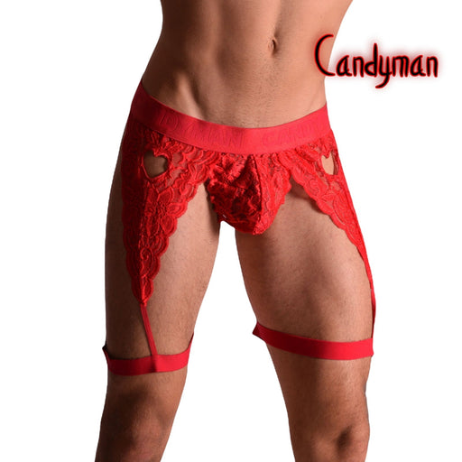 CANDYMAN Lace Garter Thong See-Through Elastic Waistband Red 99310 9 - SexyMenUnderwear.com