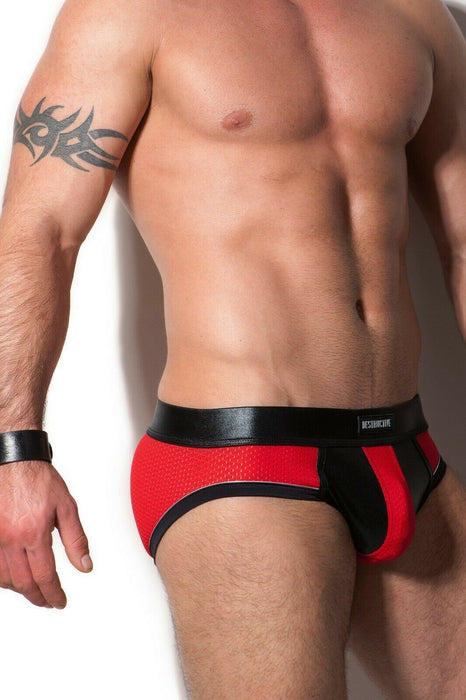 Destructive Fetish Brief Ergonomic Leather Pouch Extremely Breathable Red Mesh 8 - SexyMenUnderwear.com