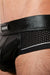 Destructive Fetish Brief Mesh Ergonomic Leather Pouch Silver Stripe Black 2 - SexyMenUnderwear.com