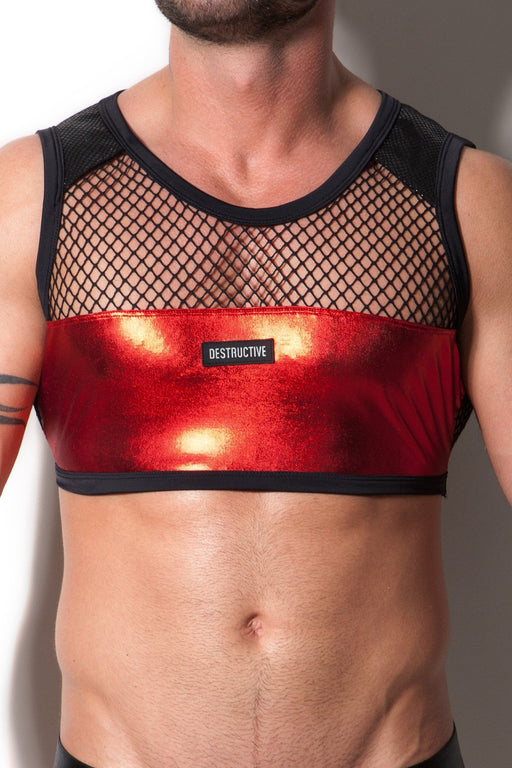 DESTRUCTIVE FETISH Crop-Top Tank Light Fabric Net Chest Red Black Mesh 1DCT-02 5 - SexyMenUnderwear.com