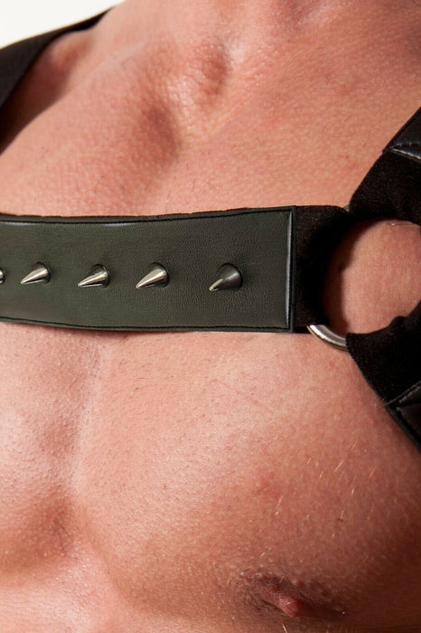 DESTRUCTIVE FETISH Harness Black Rubber With Rivets Stretchy Nylon 1DHS-03 - SexyMenUnderwear.com