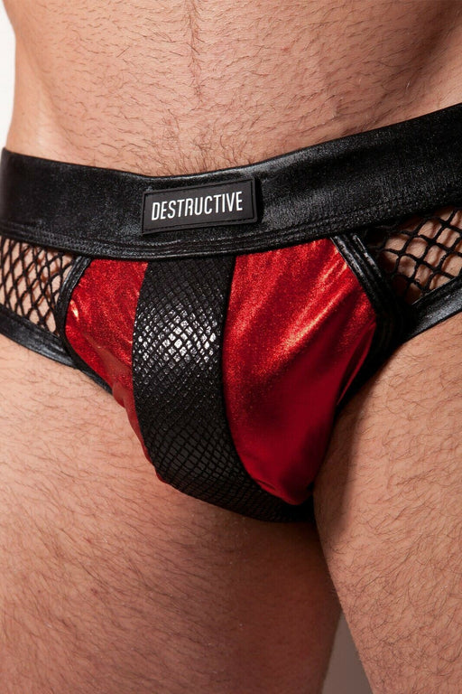 Destructive Fetish Mesh Brief Textured Snake Leather Black & Red 2 - SexyMenUnderwear.com