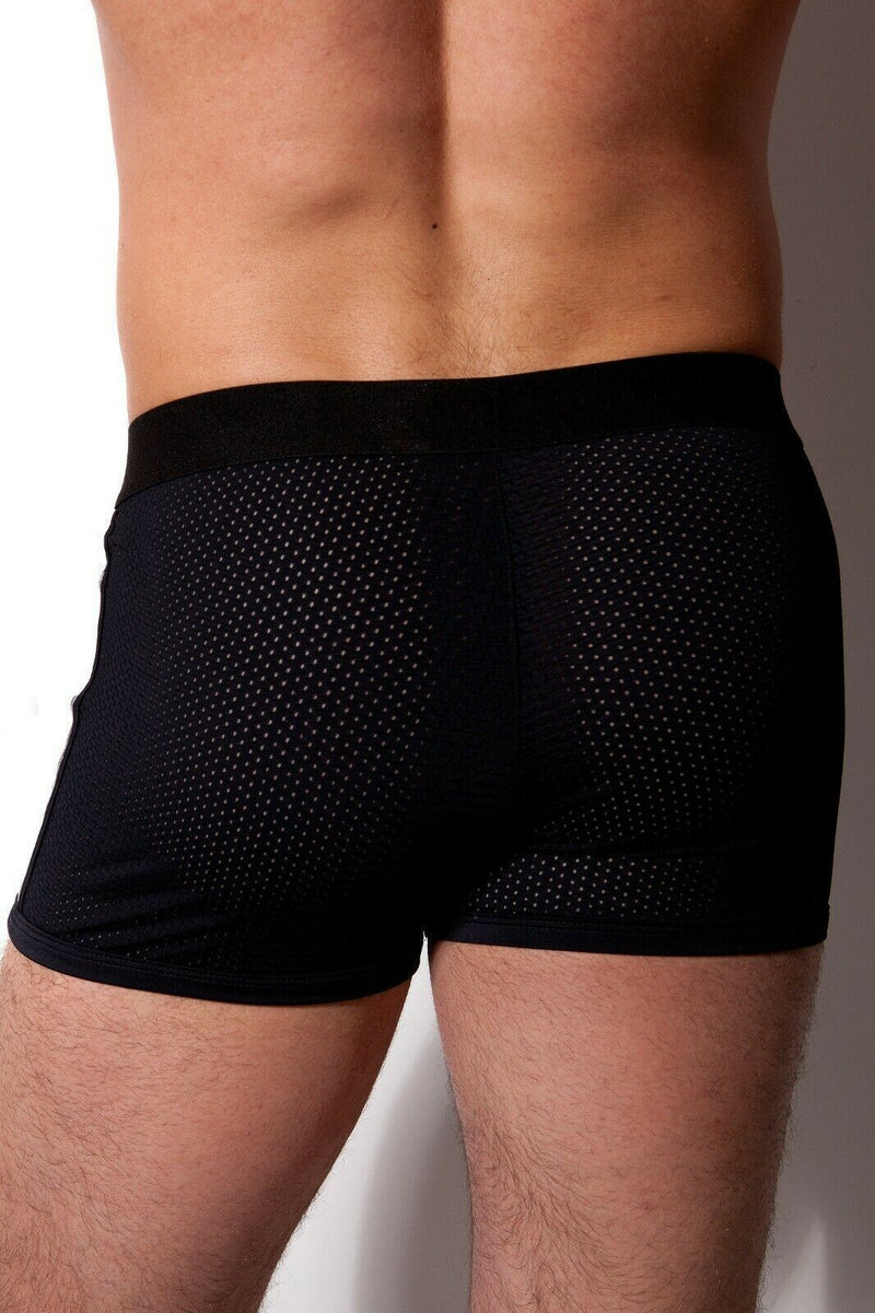 Destructive Fetish Short Boxer Mesh Metal Waist Ring Silver Side Lines Black 7 - SexyMenUnderwear.com