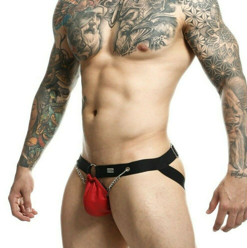 DNGEON MOB Eroticwear Jock ChainLink Leather-Look Jockstrap Red DMBL02 2 - SexyMenUnderwear.com