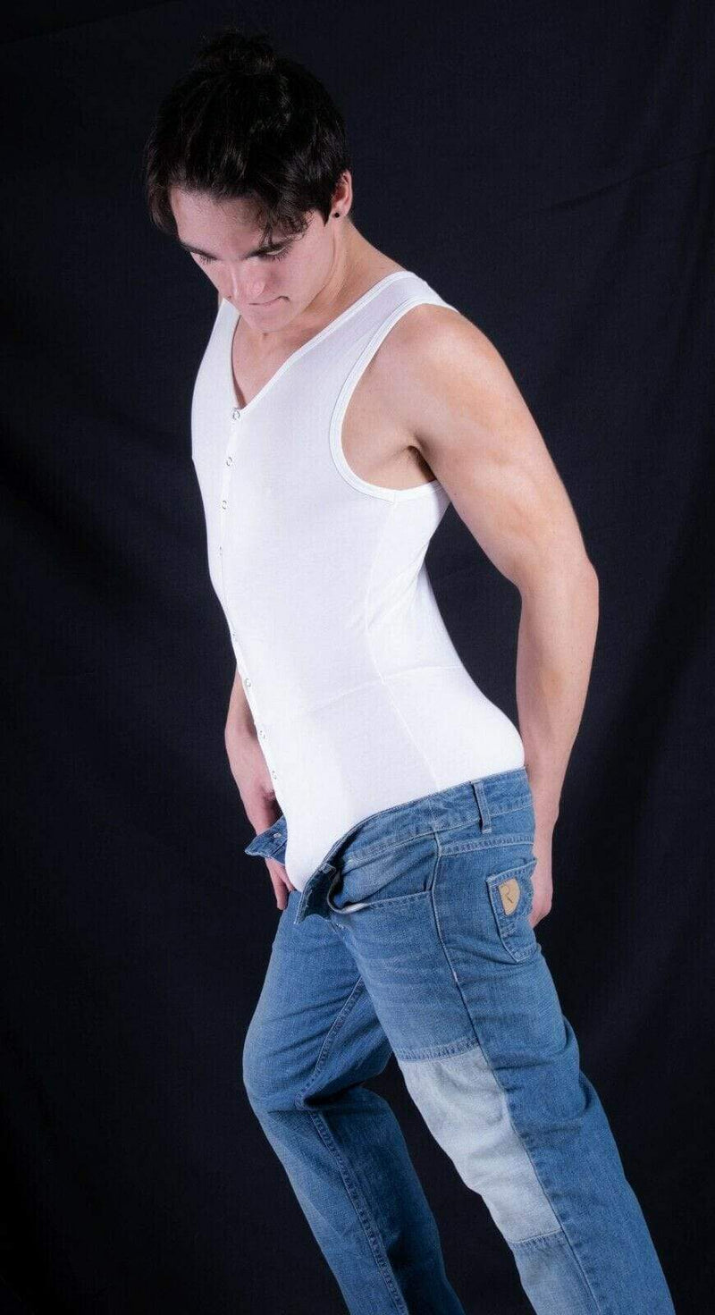 DOREANSE Mens Bodysuit Soft Quality Cotton Men Singlet White 5002 2A - SexyMenUnderwear.com