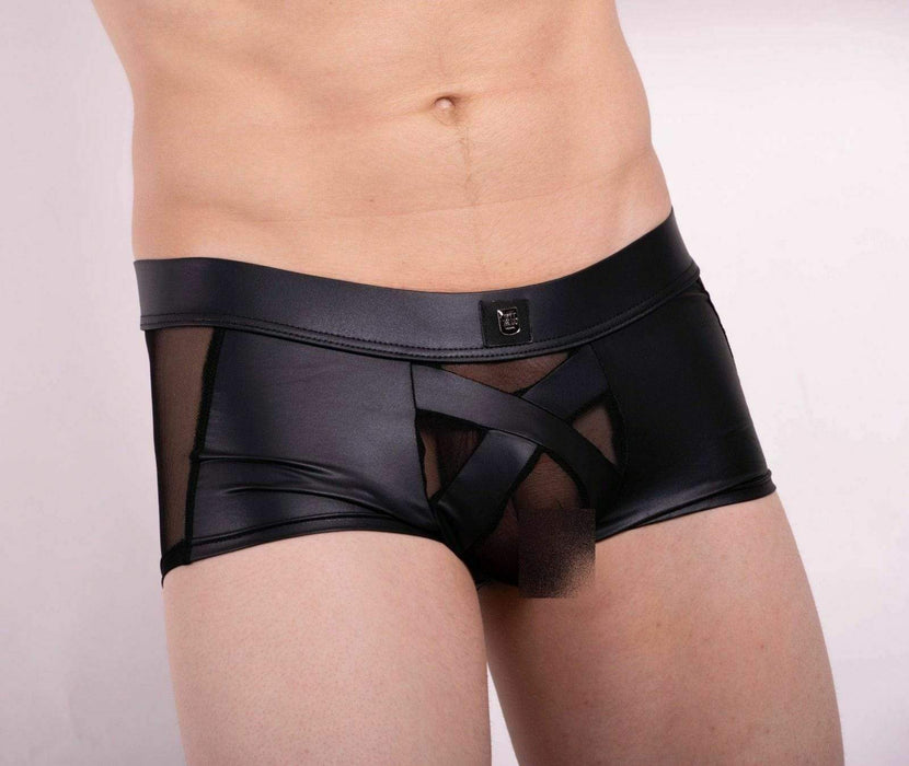 Gregg Homme Boxer Black-X Mesh Pleather Leather-Look Black 162605 84 - SexyMenUnderwear.com